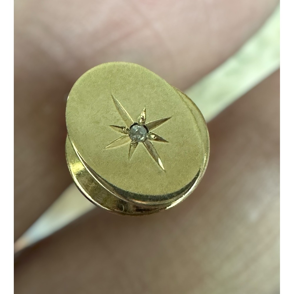 VTG 1950s MCM Anson 10k Solid Gold Oval Tie Tack 0.4"Diamond Starburst 2.1g
